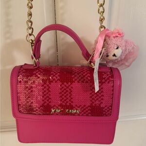 Betsey Johnson Hot Pink Sequin Mini Top-Handle Bag with Gold Chain